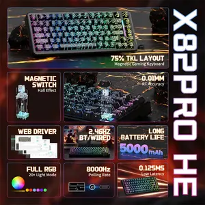 Attack Shark X82 PRO HE Black Contour 75% Wireless Magnetic Switch Gaming Keyboard, 82 Keys, Tri-Mode Bluetooth 2.4GHz & USB-C Wired, 8000Hz Polling Rate, 128K Scan Rate, 0.01mm Rapid Trigger, Adjustable 0.1–3.4mm Actuation, Hot-Swappable, PBT Keycap