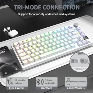 Attack Shark X820 Ultra White Contour 75% Wireless Mechanical Gaming Keyboard, 80 Keys + Knob, Shark Linear Switches, 0.85-Inch TFT Smart Display, Tri-Mode Bluetooth 2.4GHz & USB-C Wired, Gasket Mount, Hot-Swappable, 16M RGB & 4000mAh Battery