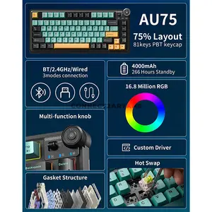 AULA AU75 Black + Green + Yellow Tri-Mode Gasket Mechanical Gaming Keyboard, Bloomfield Switch, 75% 81-Key Layout, Fully Hot-Swappable, RGB Lighting, PBT Keycaps, Multi-Function Knob, 2.4GHz / Bluetooth / Wired