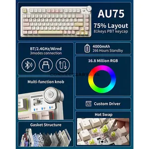 AULA AU75 Light Pink + White + Pale Yellow Tri-Mode Gasket Mechanical Keyboard, Bloomfield Switch, 75% 81-Key Layout, Hot-Swappable, RGB Lighting, PBT Keycaps, Multi-Function Knob, 2.4GHz / Bluetooth / Wired