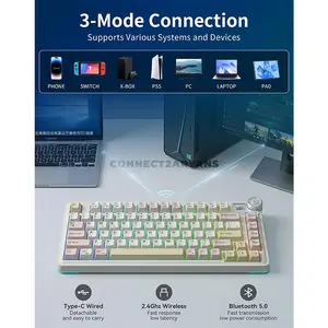 AULA AU75 Light Pink + White + Pale Yellow Tri-Mode Gasket Mechanical Keyboard, Bloomfield Switch, 75% 81-Key Layout, Hot-Swappable, RGB Lighting, PBT Keycaps, Multi-Function Knob, 2.4GHz / Bluetooth / Wired