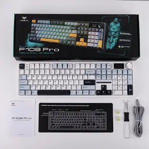 AULA F108 PRO White + Light Blue Tri-Mode Full-Size Mechanical Gaming Keyboard, LEOBOG Reaper Linear Switch, 104-Key Gasket Layout, Hot-Swappable, 1.14-Inch LCD Screen, RGB, 2.4GHz / Bluetooth 5.0 / USB-C, 8000mAh Battery