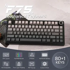 AULA F75 Black Panel + Black Dark Gray Tri-Mode Mechanical Gaming Keyboard, Milk White Linear Switch, 75% 80-Key Gasket Layout, Hot-Swappable, RGB Backlight, Bluetooth / 2.4GHz / USB-C, 4000mAh Battery