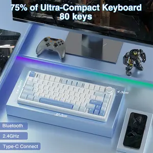 Aula F75 Sea Salt Blue Wireless Mechanical Gaming Keyboard, Gray Wood Switch V3, 75% Compact Layout, Tri-Mode Connectivity, RGB Backlighting, Hot-Swappable Keyboard