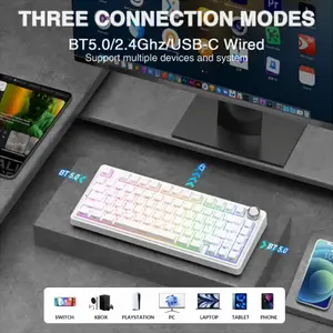 Aula F75 White Contour Wireless Mechanical Gaming Keyboard, Star Vector (Seiya) Switches, 75% Compact Layout, Tri-Mode Connectivity, RGB Backlighting, Hot-Swappable Keyboard