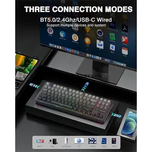 AULA F87 Gradient Grey Side-Engraved Tri-Mode Mechanical Gaming Keyboard, Space Crystal Linear Switch, 80% TKL 87-Key Gasket Layout, Hot-Swappable, RGB Backlight, Bluetooth / 2.4GHz / USB-C