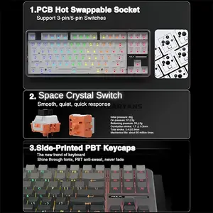 AULA F87 Gradient Grey Side-Engraved Tri-Mode Mechanical Gaming Keyboard, Space Crystal Linear Switch, 80% TKL 87-Key Gasket Layout, Hot-Swappable, RGB Backlight, Bluetooth / 2.4GHz / USB-C