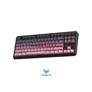 Aula F87 Pro Gradient Pink Wireless Mechanical Gaming Keyboard, Contoured Side-Engraved Keycaps, Gray Wood Switches, 8000mAh Battery, Tri-Mode Connectivity, RGB Backlighting, Hot-Swappable Keyboard