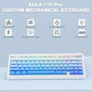 Aula F87 Pro Gradient Blue Wireless Mechanical Gaming Keyboard, Side-Engraved Keycaps, Gray Wood Switch V4, 8000mAh Battery, Tri-Mode Connectivity, RGB Backlighting, Hot-Swappable Keyboard
