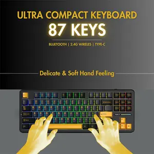 Aula F87 Thunder Black V3 Mechanical Gaming Keyboard, Graywood V3 Switch, Black Dark Blue Orange Design, 87-Key TKL Layout, RGB Backlighting, Tri-Mode Connectivity