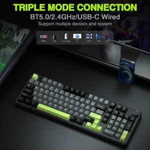 Aula F99 Pro Wireless Mechanical Gaming Keyboard Black White Green, Gray wood switch V3 Switches, 99-Key Compact Layout, Tri-Mode Connectivity, RGB Backlighting, Hot-Swappable Keyboard
