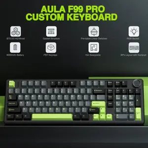 Aula F99 Pro Wireless Mechanical Gaming Keyboard Black White Green, Gray wood switch V3 Switches, 99-Key Compact Layout, Tri-Mode Connectivity, RGB Backlighting, Hot-Swappable Keyboard