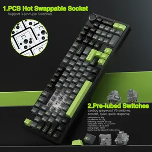 Aula F99 Pro Wireless Mechanical Gaming Keyboard Black White Green, Gray wood switch V3 Switches, 99-Key Compact Layout, Tri-Mode Connectivity, RGB Backlighting, Hot-Swappable Keyboard
