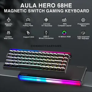 AULA HERO68 HE Black Lighthouse Wired Hall Effect Magnetic Gaming Keyboard, Jade King Magnetic Switch, 65% 68-Key Layout, Hot-Swappable PCB, 8K Polling Rate, Up to 128K Scan Rate, 0.01–3.4mm Adjustable Actuation, RGB