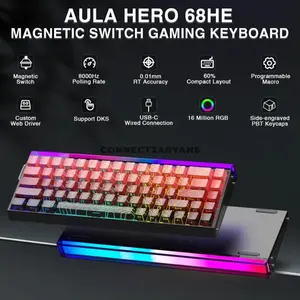 AULA HERO68 HE Gradient Black Red Side-Engraved Wired Hall Effect Magnetic Gaming Keyboard, Dragon King Magnetic Switch, 65% 68-Key Layout, Hot-Swappable PCB, 8K Polling Rate, Up to 128K Scan Rate, 0.01–3.4mm Adjustable Actuation, RGB