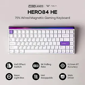 Aula HERO84 White Purple Magnetic Gaming Keyboard, Black King Magnetic Switches, 84-Key Compact Layout, Hall Effect Technology, RGB Backlighting, Esports Gaming Keyboard