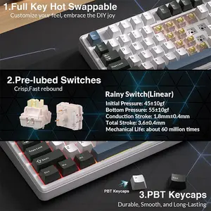 Aula L99 Wireless Mechanical Gaming Keyboard Gray Blue White, Cotton Candy Switches, 99-Key Compact Layout, Tri-Mode Connectivity, RGB Backlighting, Hot-Swappable Keyboard