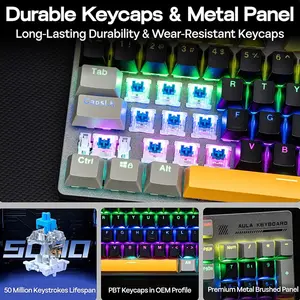 Aula S500 Mechanical Gaming Keyboard Black Grey Yellow, Blue Switches, 87-Key Tenkeyless Layout, RGB Backlighting, Full-Key Anti-Ghosting, Wired Gaming Keyboard