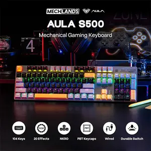 Aula S500 Mechanical Gaming Keyboard Black Grey Yellow, Blue Switches, 87-Key Tenkeyless Layout, RGB Backlighting, Full-Key Anti-Ghosting, Wired Gaming Keyboard