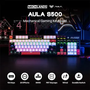 Aula S500 Mechanical Gaming Keyboard Black White Red, Blue Switches, 87-Key Tenkeyless Layout, RGB Backlighting, Full-Key Anti-Ghosting, Wired Gaming Keyboard
