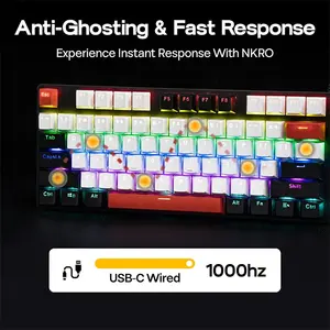 Aula S500 Mechanical Gaming Keyboard Black White Red, Blue Switches, 87-Key Tenkeyless Layout, RGB Backlighting, Full-Key Anti-Ghosting, Wired Gaming Keyboard