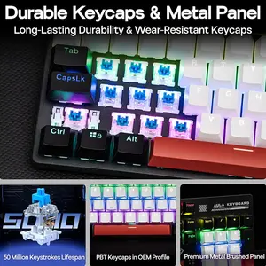 Aula S500 Mechanical Gaming Keyboard Black White Red, Blue Switches, 87-Key Tenkeyless Layout, RGB Backlighting, Full-Key Anti-Ghosting, Wired Gaming Keyboard