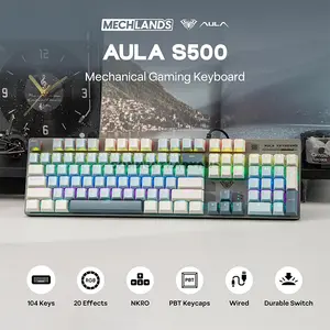 AULA S500 Light Grey + White + Light Blue Wired Mechanical Gaming Keyboard, Blue Switch, 104-Key Full-Size Layout, Zoned RGB Backlighting, Full-Key Anti-Ghosting, Metal Matte Panel, Retro Three-Tone Keycaps