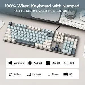 AULA S500 Light Grey + White + Light Blue Wired Mechanical Gaming Keyboard, Blue Switch, 104-Key Full-Size Layout, Zoned RGB Backlighting, Full-Key Anti-Ghosting, Metal Matte Panel, Retro Three-Tone Keycaps