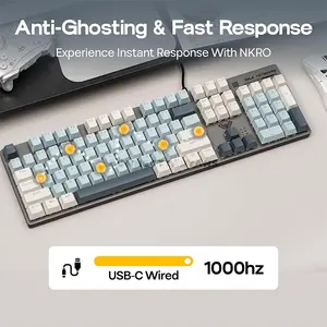 AULA S500 Light Grey + White + Light Blue Wired Mechanical Gaming Keyboard, Blue Switch, 104-Key Full-Size Layout, Zoned RGB Backlighting, Full-Key Anti-Ghosting, Metal Matte Panel, Retro Three-Tone Keycaps