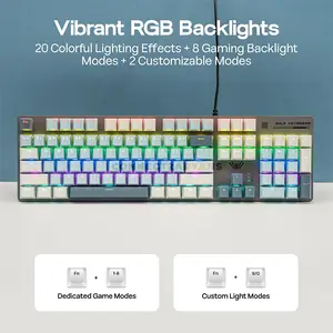 AULA S500 Light Grey + White + Light Blue Wired Mechanical Gaming Keyboard, Blue Switch, 104-Key Full-Size Layout, Zoned RGB Backlighting, Full-Key Anti-Ghosting, Metal Matte Panel, Retro Three-Tone Keycaps
