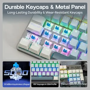 AULA S500 Light Grey + White + Light Blue Wired Mechanical Gaming Keyboard, Blue Switch, 104-Key Full-Size Layout, Zoned RGB Backlighting, Full-Key Anti-Ghosting, Metal Matte Panel, Retro Three-Tone Keycaps