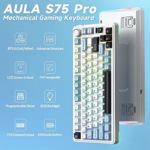 Aula S75 Pro Glacier Blue Wireless Mechanical Gaming Keyboard, Star Vector (Seiya) Switches, Light Blue White Black Purple Design, Tri-Mode Connectivity, RGB Backlighting, Hot-Swappable Keyboard