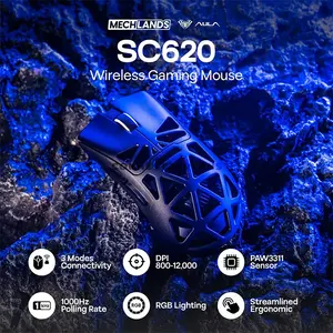 AULA SC620 Black Tri-Mode Wireless Gaming Mouse, 67g Lightweight Honeycomb Design, 3311 Sensor Chip, Wired / 2.4GHz / Bluetooth Connectivity, 400mAh Battery, Ergonomic Esports Mouse