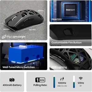 AULA SC620 Black Tri-Mode Wireless Gaming Mouse, 67g Lightweight Honeycomb Design, 3311 Sensor Chip, Wired / 2.4GHz / Bluetooth Connectivity, 400mAh Battery, Ergonomic Esports Mouse
