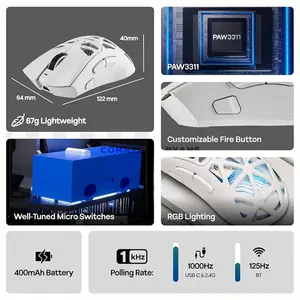 AULA SC620 White Tri-Mode Wireless Gaming Mouse, 67g Lightweight Honeycomb Design, 3311 Sensor Chip, Wired / 2.4GHz / Bluetooth Connectivity, 400mAh Battery, Ergonomic Esports Mouse