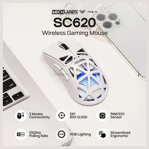 AULA SC620 White Tri-Mode Wireless Gaming Mouse, 67g Lightweight Honeycomb Design, 3311 Sensor Chip, Wired / 2.4GHz / Bluetooth Connectivity, 400mAh Battery, Ergonomic Esports Mouse