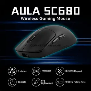 AULA SC680 Black Ergonomic Tri-Mode Wireless Gaming Mouse, PAW3395 Sensor, Up to 26,000 DPI, 58g Lightweight Design, 1000Hz Polling Rate, 7 Buttons, Bluetooth / 2.4GHz / USB-C Wired, 500mAh Battery