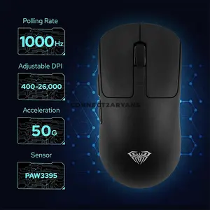 AULA SC680 Black Ergonomic Tri-Mode Wireless Gaming Mouse, PAW3395 Sensor, Up to 26,000 DPI, 58g Lightweight Design, 1000Hz Polling Rate, 7 Buttons, Bluetooth / 2.4GHz / USB-C Wired, 500mAh Battery
