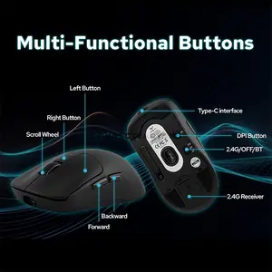 AULA SC680 Black Ergonomic Tri-Mode Wireless Gaming Mouse, PAW3395 Sensor, Up to 26,000 DPI, 58g Lightweight Design, 1000Hz Polling Rate, 7 Buttons, Bluetooth / 2.4GHz / USB-C Wired, 500mAh Battery