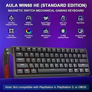 Aula WIN60 HE Wireless Magnetic Gaming Keyboard Black, Graywood Magnetic Switches, 60% Compact Layout, Hall Effect Technology, RGB Backlighting, Gaming Keyboard