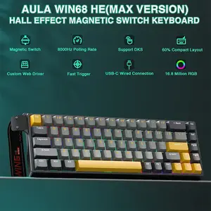 Aula WIN68 HE MAX Magnetic Gaming Keyboard English Version, Light Grey Dark Grey Yellow Design, Meteor Magnetic Switches, 68-Key Compact Layout, Hall Effect Technology, RGB Backlighting, Gaming Keyboard