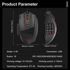 E-YOOSO X-39 Pro Wired Gaming Mouse Black, 16400 DPI Optical Sensor, 20 Programmable Buttons, RGB Lighting Effects, USB Connectivity, Gaming Mouse