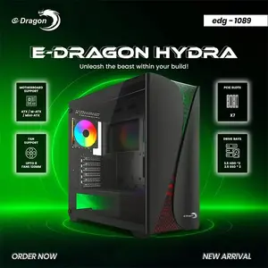 E Dragon Hydra EDG 1089 Black Gaming Case, ARGB Lighting Strip Design, Tempered Glass Side Panel, ATX Mid-Tower Chassis, High-Airflow Gaming PC Case