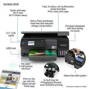 Epson EcoTank L8100 All-in-One Ink Tank Printer, Print Copy Scan, 6-Color Photo Printing, Wi-Fi Connectivity, USB Interface, A4 Support
