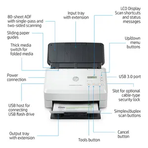 HP ScanJet Enterprise Flow 5000 s5 Document Scanner, Sheet-Fed Duplex Scanning, 600 DPI Optical Resolution, Up to 65 Pages Per Minute, 80-Sheet Automatic Document Feeder, USB 3.0 Connectivity