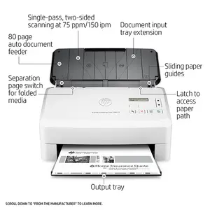 HP ScanJet Enterprise Flow 7000 s3 Document Scanner, Sheet-Fed Duplex Scanning, 600 DPI Optical Resolution, Up to 75 Pages Per Minute, 80-Sheet Automatic Document Feeder, USB 3.0 Connectivity