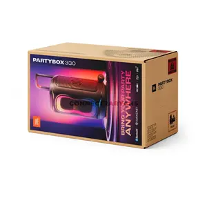 JBL PartyBox 330 Black Portable Party Speaker, 280W JBL Sound, AI Sound Boost, Bluetooth 6.0, Adaptive Lightshow, 18-Hour Battery, IPX4 Splashproof, Auracast, Dual Mic & Guitar Inputs, Wheels & Handle