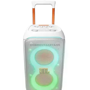 JBL PartyBox Stage 320 White Portable Party Speaker, 240W RMS JBL Pro Sound, AI Sound Boost, Bluetooth 5.4, Adaptive Lightshow, 18-Hour Battery, IPX4 Splashproof, Auracast, Dual Mic & Guitar Inputs, Wheels & Handle