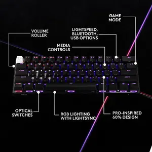 Logitech G PRO X 60 LIGHTSPEED RGB Wireless Mechanical Gaming Keyboard, Black, 60% Layout, Optical Tactile Switches, LIGHTSYNC RGB, KEYCONTROL, Esports Keyboard