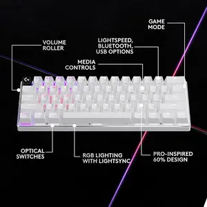 Logitech G PRO X 60 LIGHTSPEED RGB Wireless Mechanical Gaming Keyboard, White, 60% Layout, Optical Tactile Switches, LIGHTSYNC RGB, KEYCONTROL, Esports Keyboard
